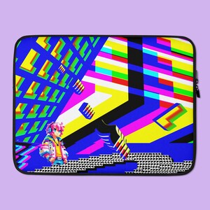 May include: A laptop sleeve with a colorful, pixelated design. The design features a character with pink hair and a blue and yellow background.