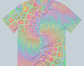 Rainbow Psychedelic Shirt, Trippy Optical Illusion Festival Button-Up, Oversized Rave Blouse, Gradient Aura Party Shirt, Vibrant EDM Outfit