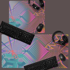 Psychedelic Geometric Gaming Mouse Pad, Cyberpunk Desk Mat XL, Trippy Tech Desk Pad, Gamer Mousepad for PC Setup