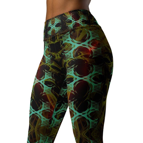 Cyberpunk High Waist Leggings, Techno Rave Outfit, Gothic Yoga Leggings,  Neon Green Gym Workout Clothes, Trippy Hypnotic Festival Pants