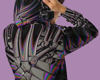 Dark Techno Zip Up Hoodie, Neon Rave Festival Jacket, Techwear Cyberpunk Clothes, Chrome Glitch Hoodie, Metallic EDM Streetwear