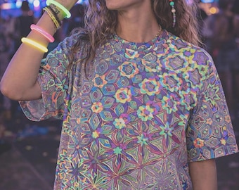 Psychedelic Kaleidoscope Oversized Cotton T-Shirt, Sacred Geometry AOP Rave Shirt, Trippy Festival Outfit