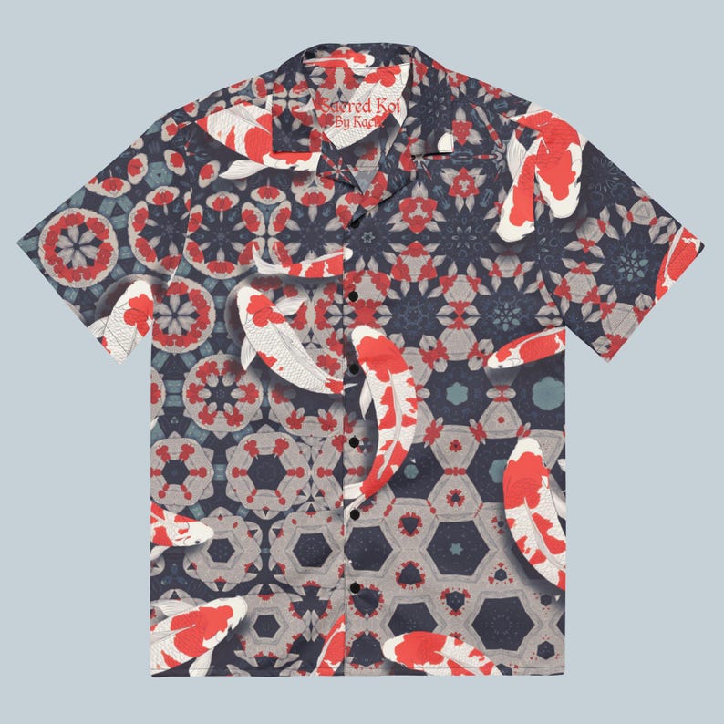 Sacred Geometry Koi Fish Shirt, Trippy Japanese Rave Button-Up, Psychedelic Festival Shirt, Oversized Zen Top, Wedding Guest Blouse