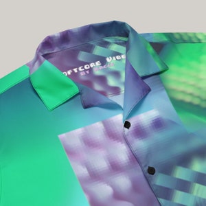 Turquoise Wedding Guest Hawaiian Shirt Abstract Teal Button Down Shirt DJ Techno EDM Shirt Button Up Futuristic Streetwear Clothe