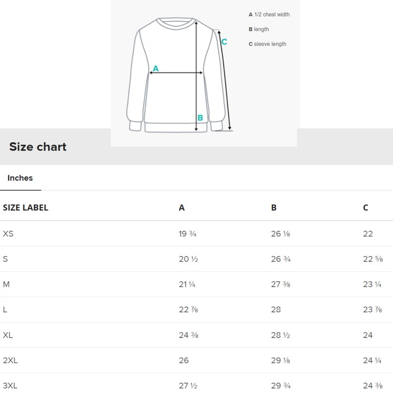 K&ouml;nnte beinhalten: Gr&ouml;&szlig;entabelle f&uuml;r einen Pullover in Zoll. Die Tabelle zeigt die Ma&szlig;e f&uuml;r die halbe Brustweite, die L&auml;nge und die &Auml;rmell&auml;nge f&uuml;r die Gr&ouml;&szlig;en XS bis 3XL.