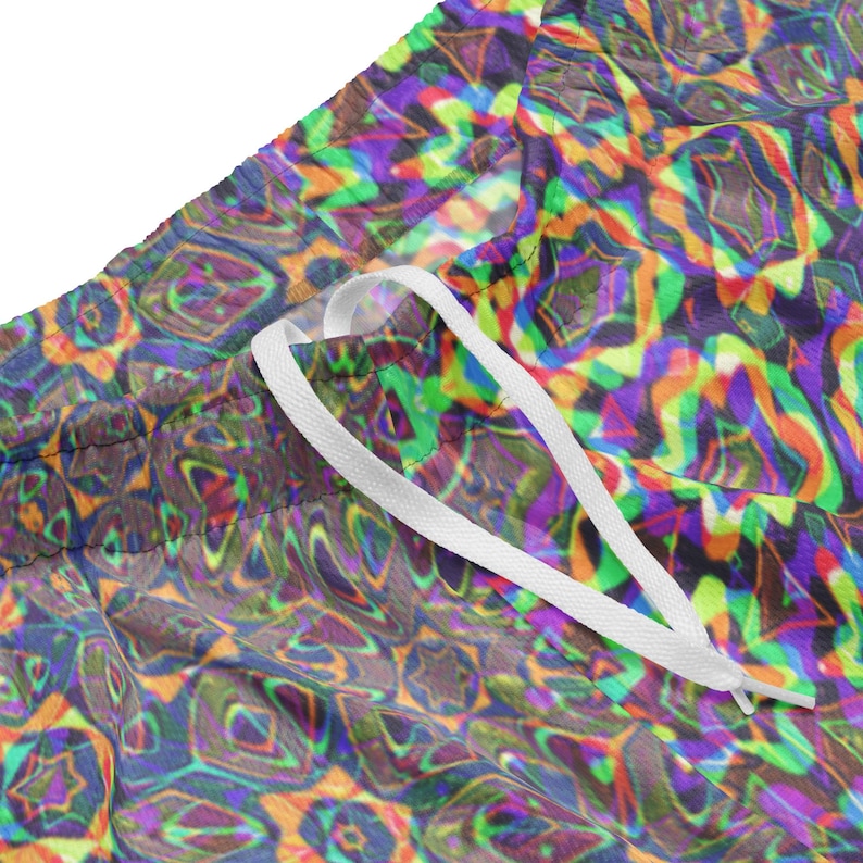 Unisex Rave Festival Mesh Shorts, Sacred Geometry EDC Outfit, Neon Techno Shorts