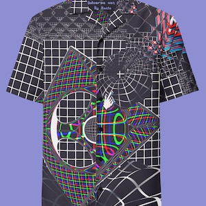 May include: A black and white short-sleeved button-up shirt with a colorful geometric pattern. The shirt has a collar and a pocket on the left side. The text "Universe not Flat" and "By Rock" is printed on the collar.
