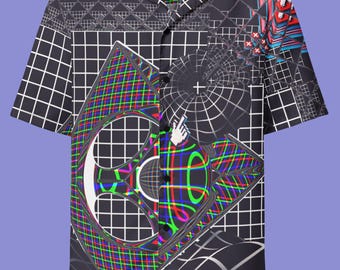 Black Webcore Button Up Shirt, Trippy Frutiger Aero Button Down, Y2K Techno Rave Hawaiian Shirt, Hacker TShirt, Neon Glitch Top