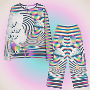 May include: A psychedelic long-sleeved shirt and pants set with a colorful, swirling pattern. The shirt features a pixelated design and arrows, while the pants have a repeating pattern of clouds and arches.