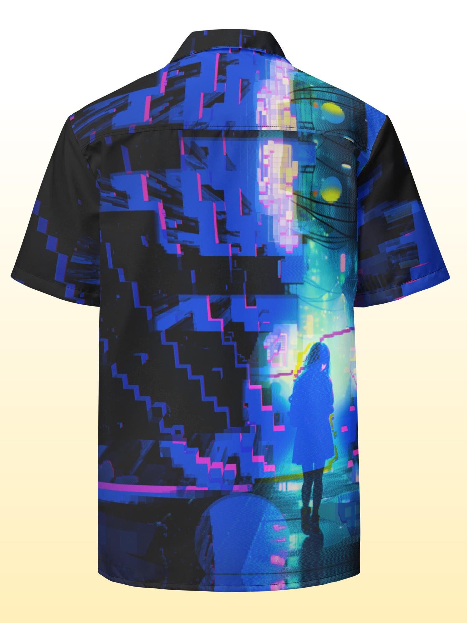 Neon Cyberpunk Button-down Shirt, Rave Techwear, Glitch Art Print