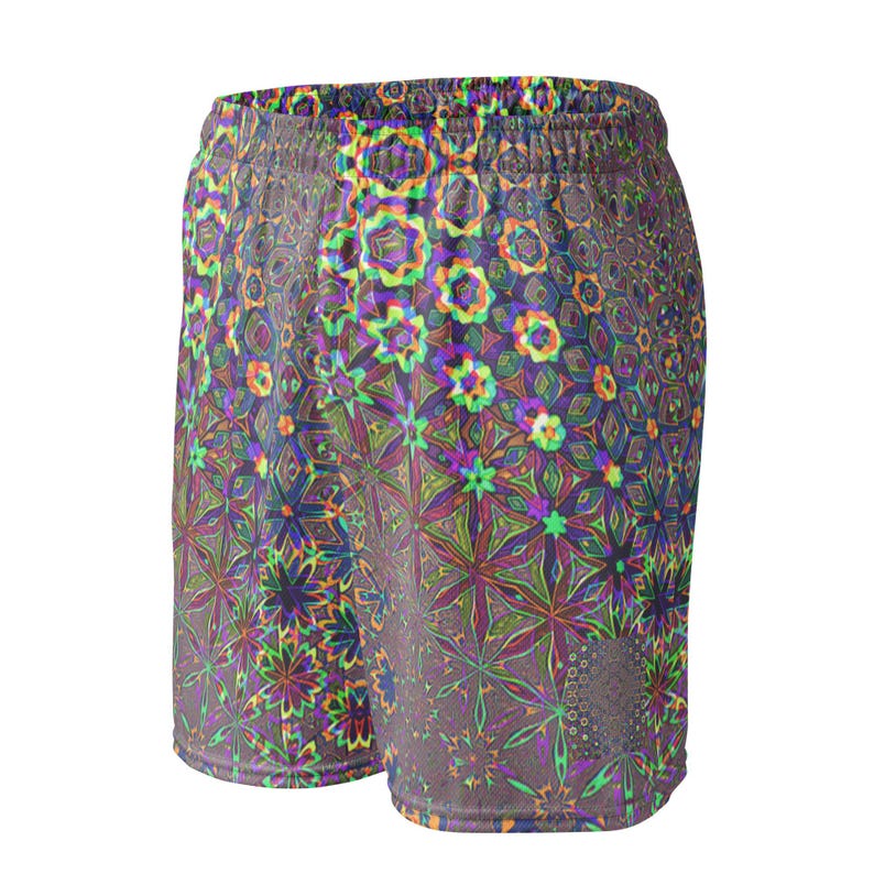 Unisex Rave Festival Mesh Shorts, Sacred Geometry EDC Outfit, Neon Techno Shorts