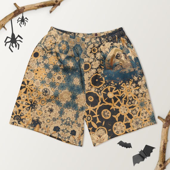 Gothic Floral Skull Shorts, Gold Blue Sacred Geometry Shorts