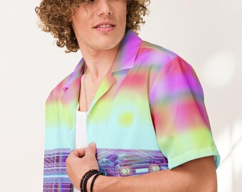 Vaporwave Racing Button-Up Shirt, Pastel Neon Synthwave Arcade Hawaiian, Oversized Festival Top