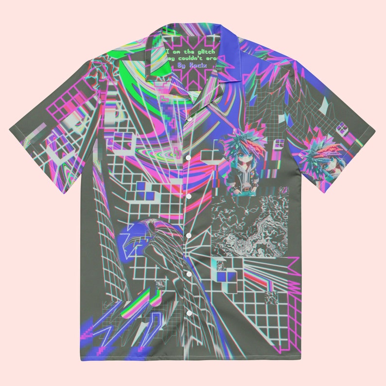 Neon Gamer Button Up Shirt Retro Arcade Hawaiian Shirt Cyberpunk Geek Tshirt Glitch Art Edgy Streetwear Unique Gaming Top Festival Blouse