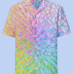 May include: A short-sleeved button-up shirt with a colorful geometric pattern. The pattern is made up of various shades of pink, blue, green, and yellow.