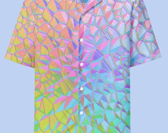 Neon Pastel Prism Button Up Shirt, Holographic Button Down, Dreamcore Festival Shirt, Trippy Crystal Rave Outfit, Ethereal Y2K Blouse