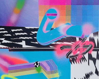 Peinture néon sur toile, décoration murale futurisme rétro pour bureau ou salon, oeuvre d'art murale Frutiger Aero Aesthetic Webcore Glitch Y2K