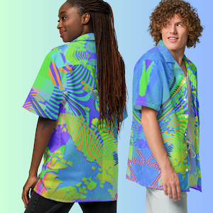 Neon Blue Green Geometric Button Down, Funky Retro Hawaiian Shirt, Trippy Button Up Shirt, Oversized EDM Festival Blouse, Rave Top