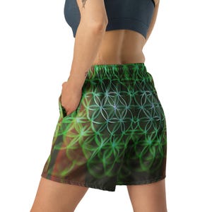 Sacred Geometry Rave Shorts, Flower of Life Festival Trunks, Psytrance Activewear, Eco Friendly Unisex Spiritual Outfit, Green Beach Trunks