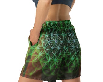 Flower of Life Rave Shorts, Green Sacred Geometry Festival Trunks, Unisex Psytrance Swim