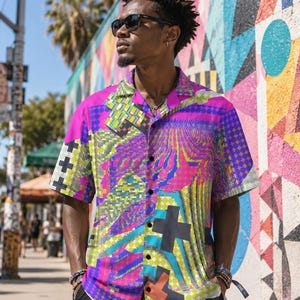 Neon Pink Vaporwave Hawaiian Shirt, Atomic Energy Geometric Print Button Up