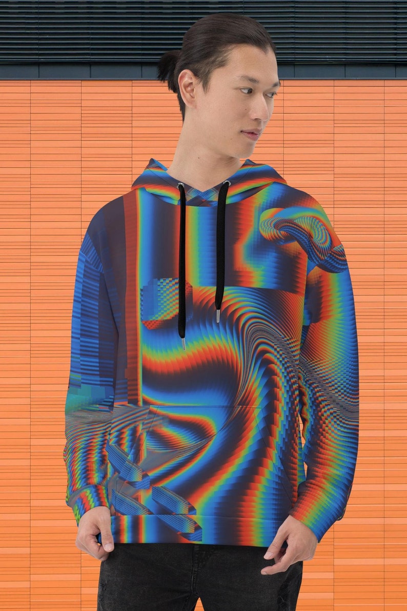 May include: A blue, red and orange abstract print hoodie with a black drawstring.
