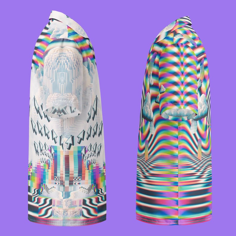 Puede incluir: Una camisa blanca de botones con un estampado abstracto de colores. El estampado presenta un dise&ntilde;o repetitivo de flechas, nubes y una cuadr&iacute;cula.