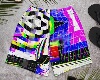 Glitchcore Cyberpunk Rave Shorts, Pixel Art Festival Trunks, Trippy Techwear Activewear, Vaporwave Unisex Streetwear Shorts