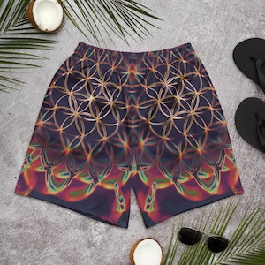 Gold Flower of Life Rave Shorts, Sacred Geometry Festival Trunks, Psytrance Activewear, Trippy Eco Friendly Unisex Shorts