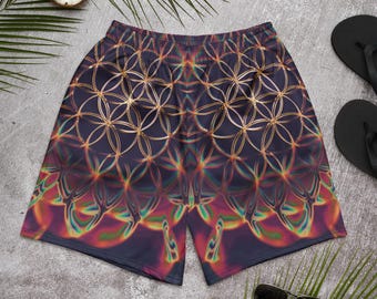 Gold Flower of Life Rave Shorts, Sacred Geometry Festival Trunks, Psytrance Activewear, Trippy Eco Friendly Unisex Shorts