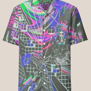 May include: A short-sleeved button-up shirt with a colorful, abstract print. The print features a grid pattern, swirls, and a cartoon character. The shirt has a collar and a button-up closure. The text "I am the glitch they couldn't erase By Kocka" is printed on the collar.
