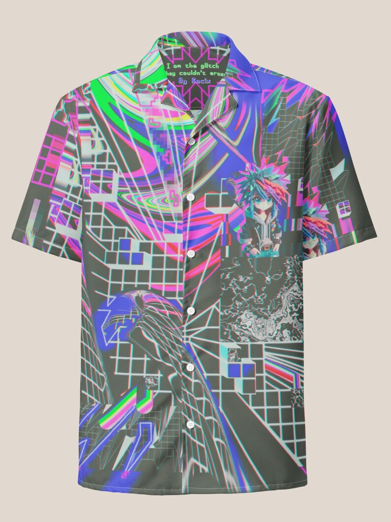 May include: A short-sleeved button-up shirt with a colorful, abstract print. The print features a grid pattern, swirls, and a cartoon character. The shirt has a collar and a button-up closure. The text "I am the glitch they couldn't erase By Kocka" is printed on the collar.