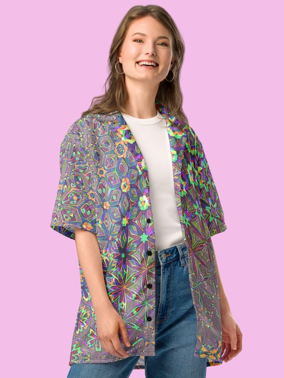 トップス maimia Manon Cardi FLASH - PURPLE RAIN Sacred Geometry Rave Shirt, Neon Mandala Button-up Shirt