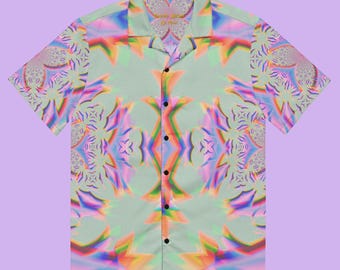 Neon Pastel Sacred Geometry Hawaiian Shirt, Psychedelic Rave Button Up, Trippy Festival Shirt, Oversized EDM Outfit