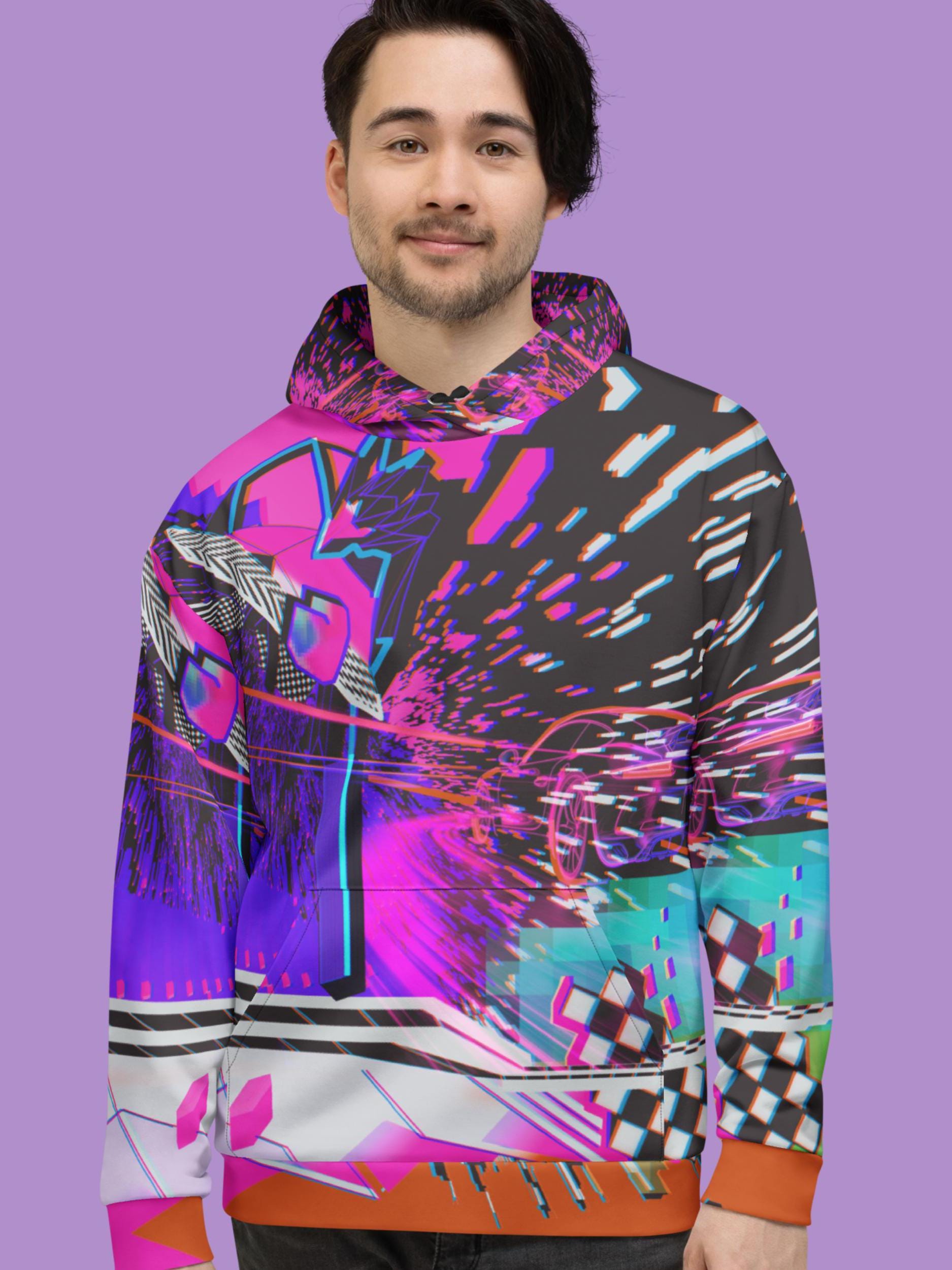 Cyberpunk Racing Hoodie, Neon Glitch Pixel Art Pullover, Retro 