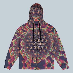 Dark Sacred Geometry Zip Hoodie, Flower of Life Psychedelic Jacket, Trippy Spiritual Festival Rave Wear, Visionary Streetwear Hoodie