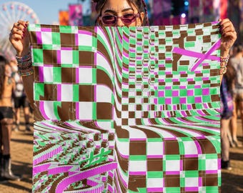 Cyber Grid Rave Bandana, Retro Geometric Festival Scarf, Vaporwave EDM Accessory