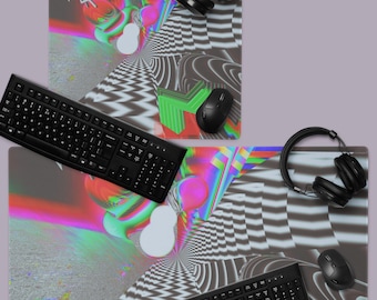 Vaporwave Gamer Mat, Glitch Art Gaming Mouse Pad, Trippy RGB Desk Mat XL, Hyperspace Techcore Mousepad
