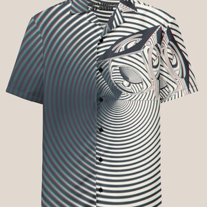 May include: A short-sleeved button-down shirt with a white and black swirling pattern. The pattern is a 3D optical illusion with a black and white cube in the center. The shirt has a collar and a button-up front.