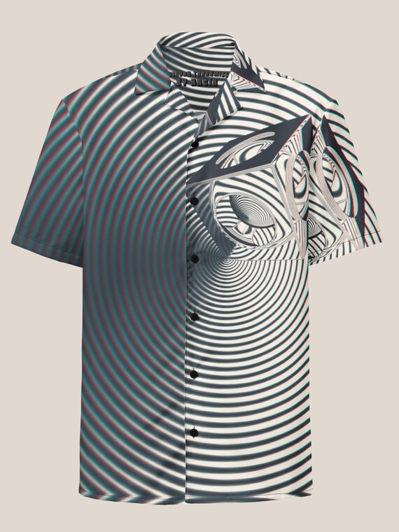 Futuristic Minimalist Button Up Shirt, Trippy Monochrome Button Down, Statement Festival Top, Hypnotic 3D Art Rave Outfit, Edgy Streetwear