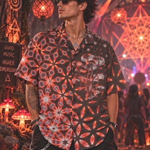 May include: A short-sleeved button-down shirt featuring a dark brown base with a vibrant red and orange geometric kaleidoscope pattern on one side and a cluster of detailed white and grey mushrooms printed on the other side, with a classic collar.