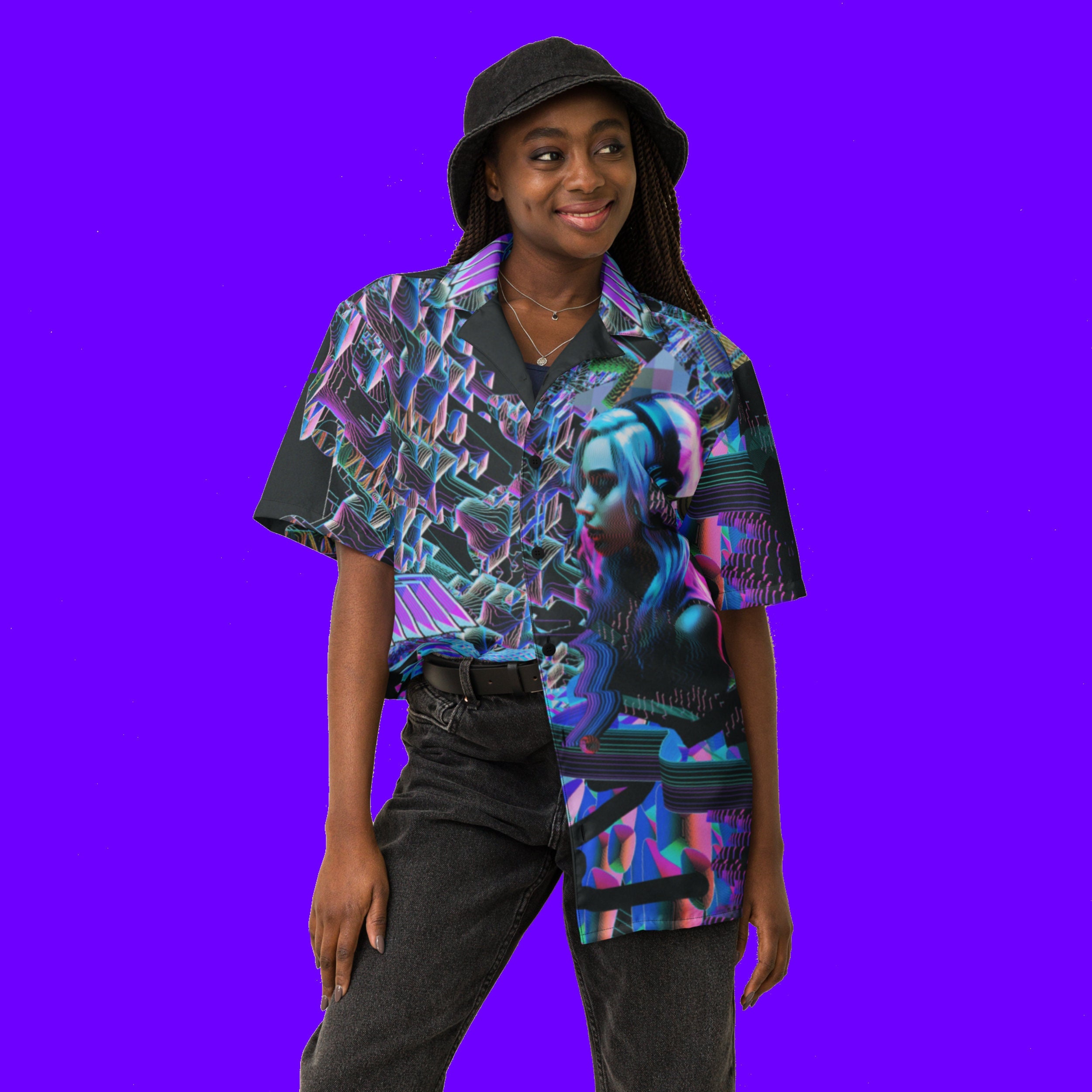 Cyberpunk DJ Button Down Shirt Neon Party Button Up Shirt Rave Music Festival Clothing Oversized Trippy Hawaiian Shirt