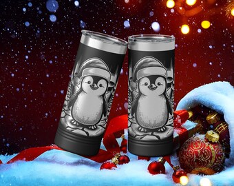 Penguin with Santa Hat Laser Engraved Tumbler - Personalized Holiday Cup