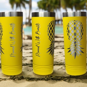 May include: Three yellow insulated tumblers with silver lids and bases. Each tumbler features a pineapple design and the text "Married With Benefits" in a script font. The tumblers are cylindrical and appear to be made of stainless steel.