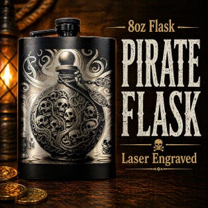 May include: Black 8oz flask with a laser-engraved pirate design. The design features a skull-filled pocket watch and the words "PIRATE FLASK". The flask has a black cap and a hinged lid.