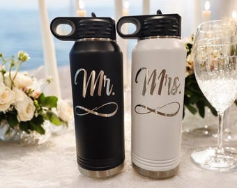 Personalized Mr & Mrs Water Bottle • Laser Engraved Wedding Gift • Bride and Groom Bottle Set