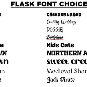 Pu&ograve; includere: Uno sfondo bianco mostra un elenco di scelte di font per fiaschette in nero. Il testo "FLASK FONT CHOICES" &egrave; in alto. Sono mostrati vari stili di carattere, tra cui "DAWN", "CHEESEBURGER" e "Kids Cute".