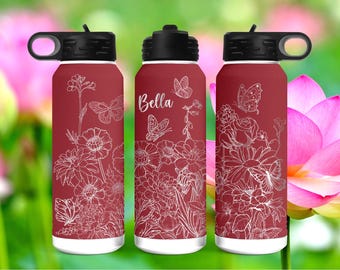 Butterfly & Flower Laser Engraved Water Bottle - Personalized Drinkware Gift