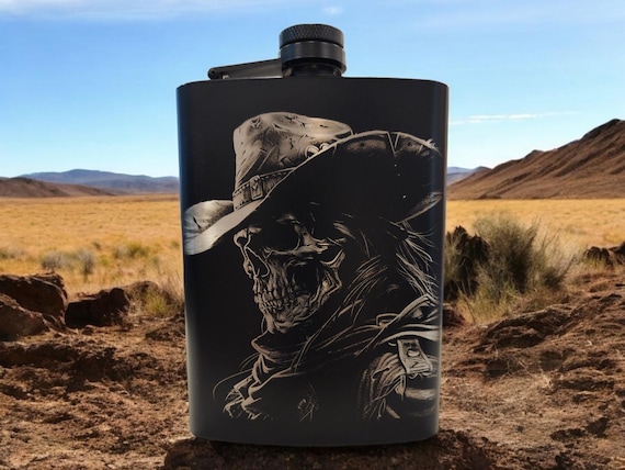 Cowboy Skeleton Skull Laser Engraved Flask - Rustic Western Style