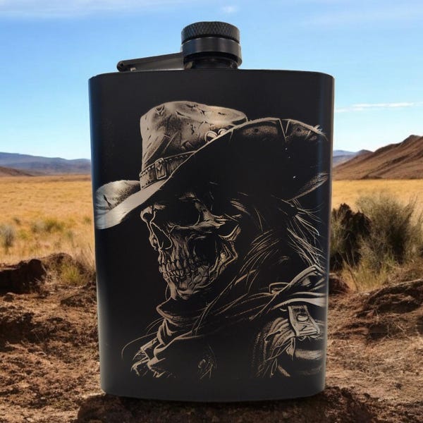 Cowboy Skeleton Skull Laser Engraved Flask - Rustic Western Style